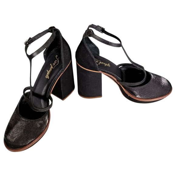 Free People Sandals 9.5 Womens Black Textile Platform Block Ultra High Buckle - Picture 6 of 10